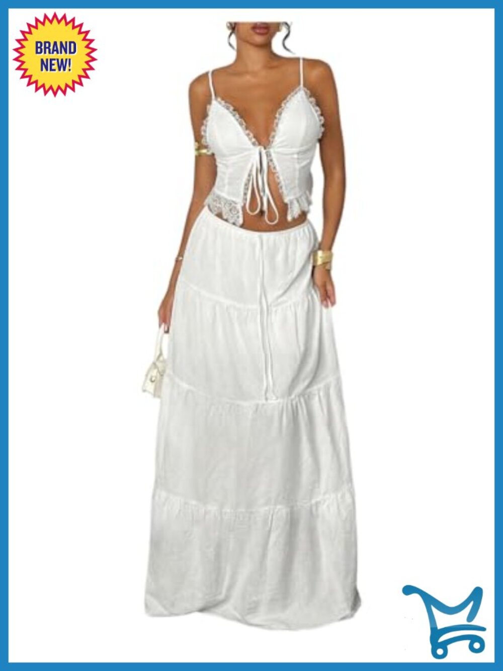 Lace Trim Tie Front Camisole Top Tiered Maxi Skirts Set